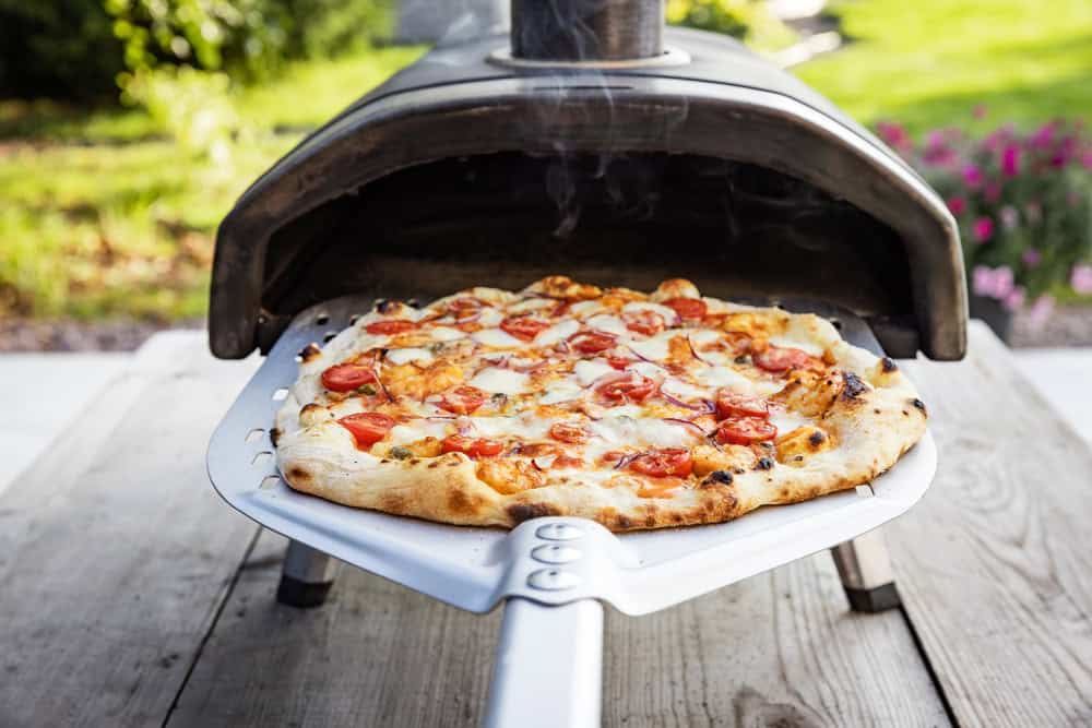 A delicious-looking pizza is being pulled out of a multi-fuel pizza oven in a backyard.