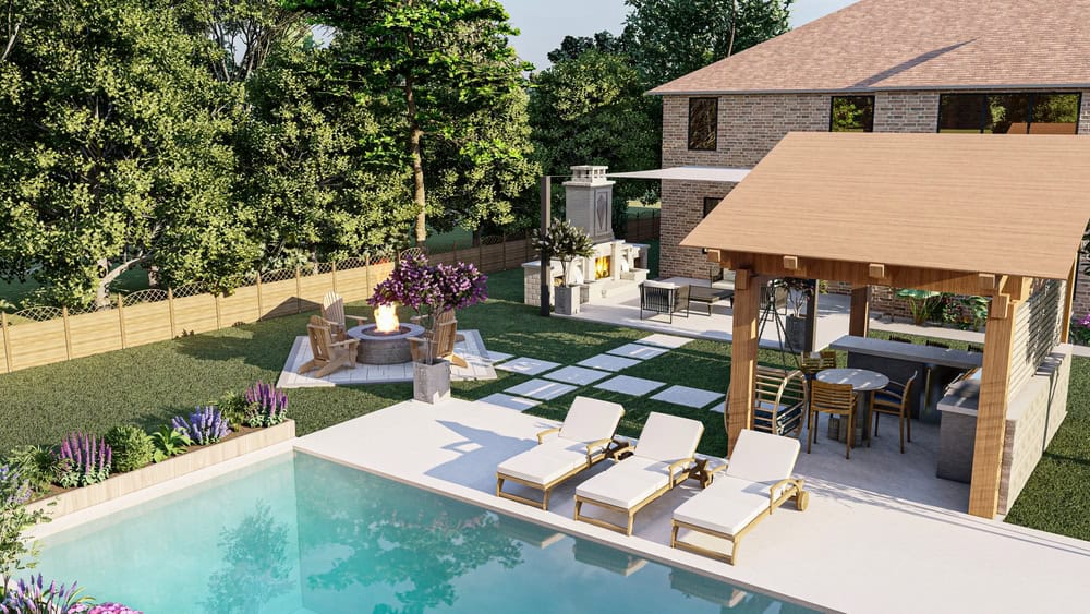 A luxurious backyard with an outdoor kitchen, fire pit, and fireplace. A beautifully designed outdoor living space.