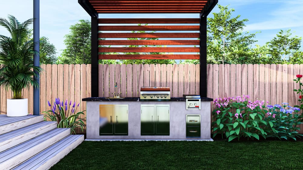 A linear outdoor kitchen design that is compact for a small area. 