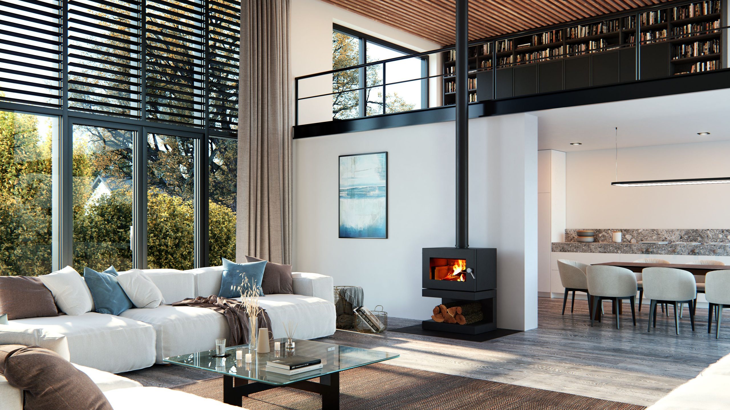 A sleek, minimalist Blaze B600 Freestanding Wood Heater installed in a contemporary, open-plan living room.