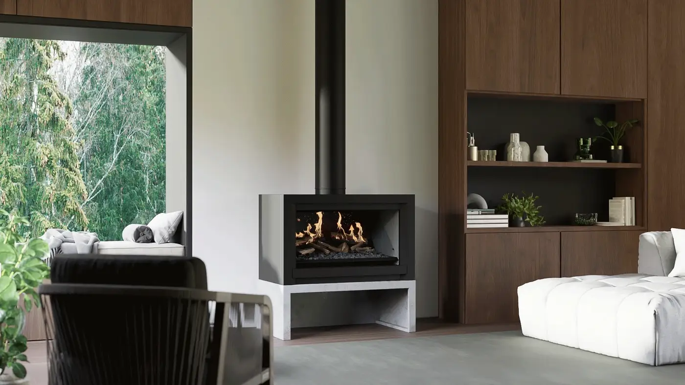 A modern freestanding electric heater with a decorative flue pipeset against a clean white wall and wooden cabinetry