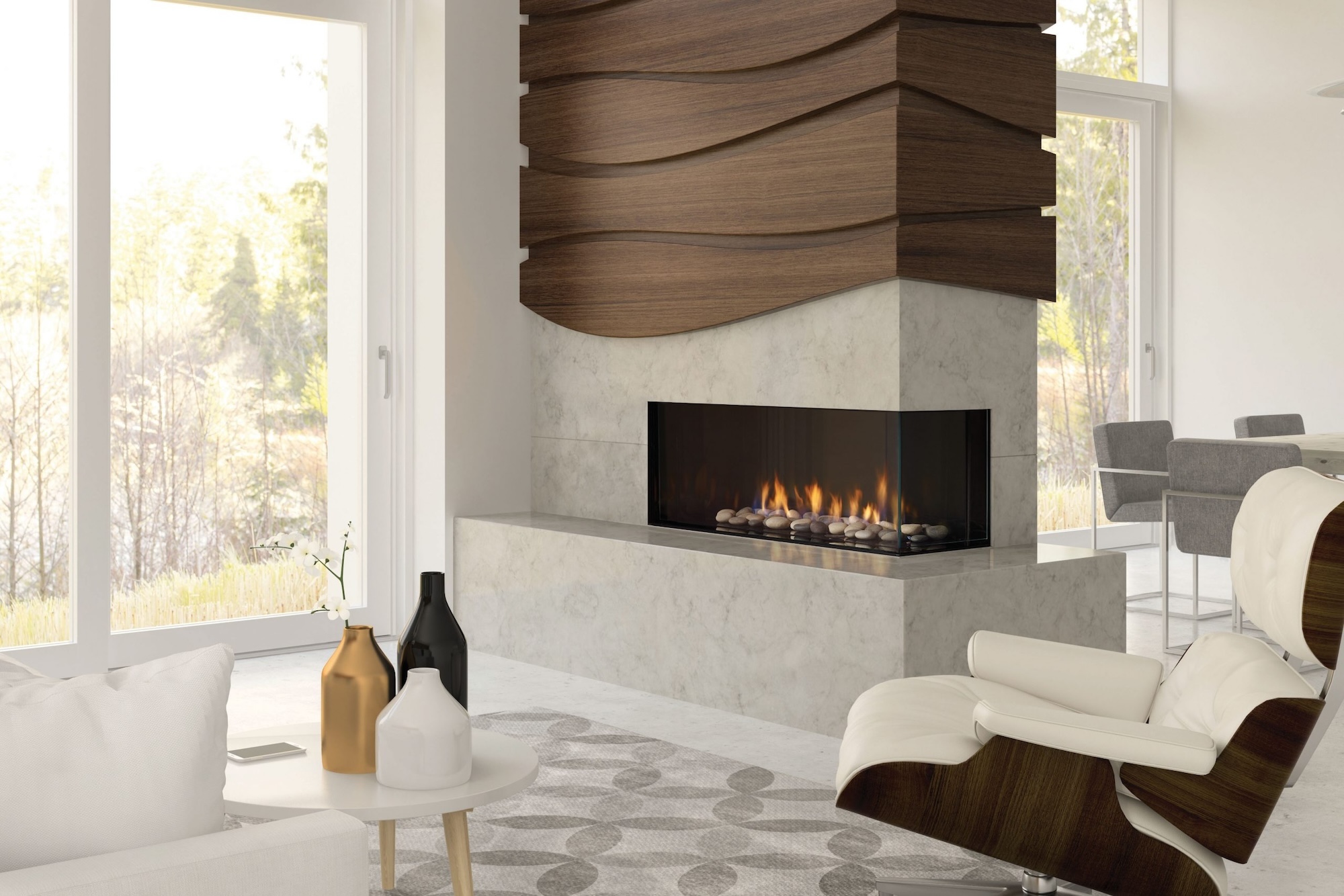 A contemporary multi-sided built in gas fireplace featuring a stone surround and structural timber accents in an open-plan living room.