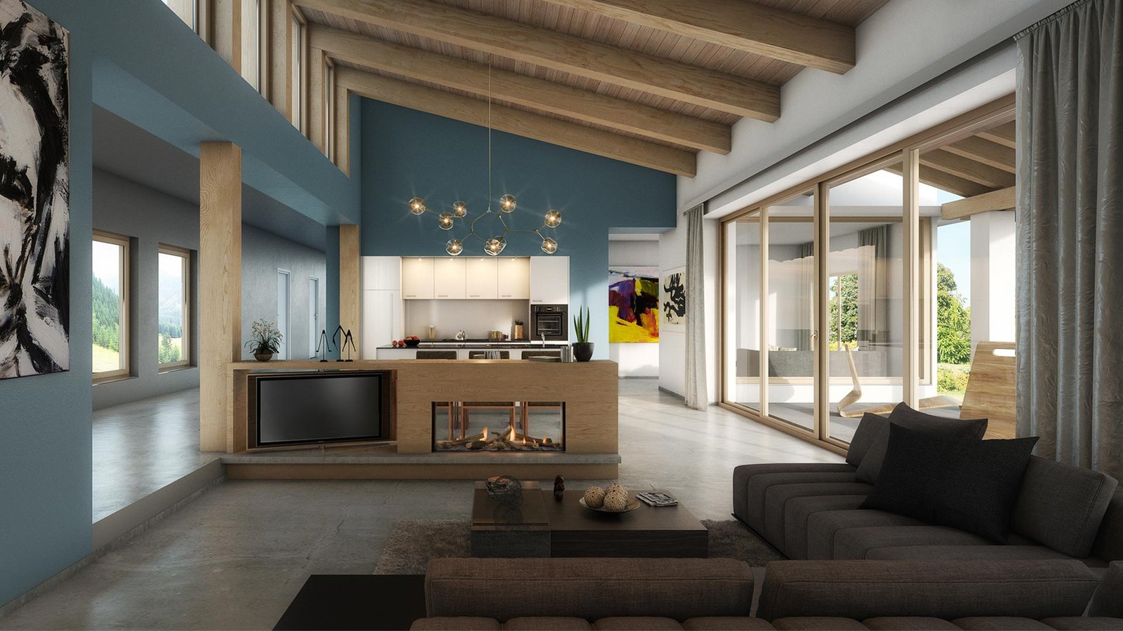 A contemporary floor-to-ceiling teal partition wall featuring a sleek double-sided fireplace with a wall-mounted television above it.