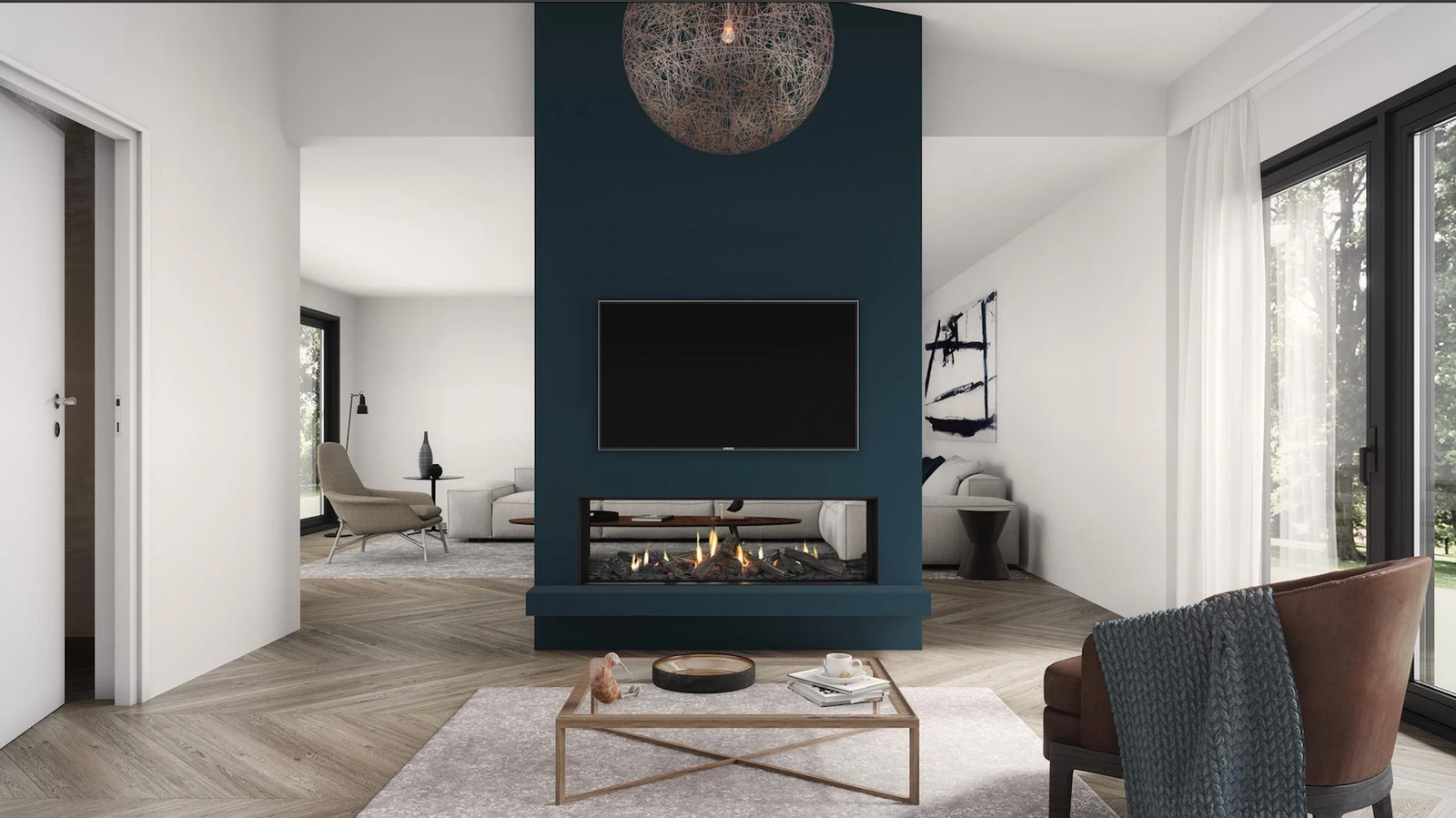 An open-plan living room featuring a low timber partition with an integrated see-through fireplace and television beneath an exposed wood beam ceiling.