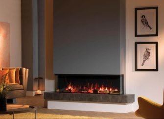 A sleek, wide-profile inbuilt electric fireplace installed into a minimalist grey feature wall in a contemporary Sydney apartment