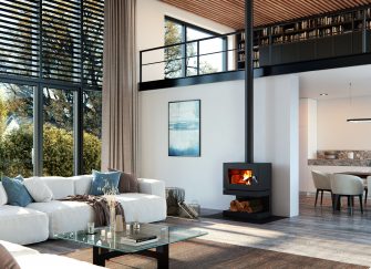 A sleek, minimalist Blaze B600 Freestanding Wood Heater installed in a contemporary, open-plan living room.