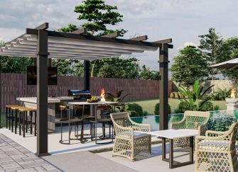 A luxurious outdoor living setting with a fire pit and outdoor kitchen.